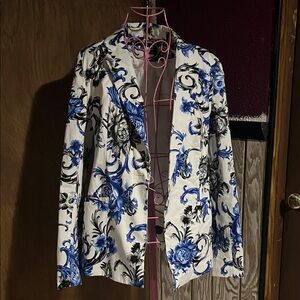 Women's Floral Print Open Blazer - Blue & White